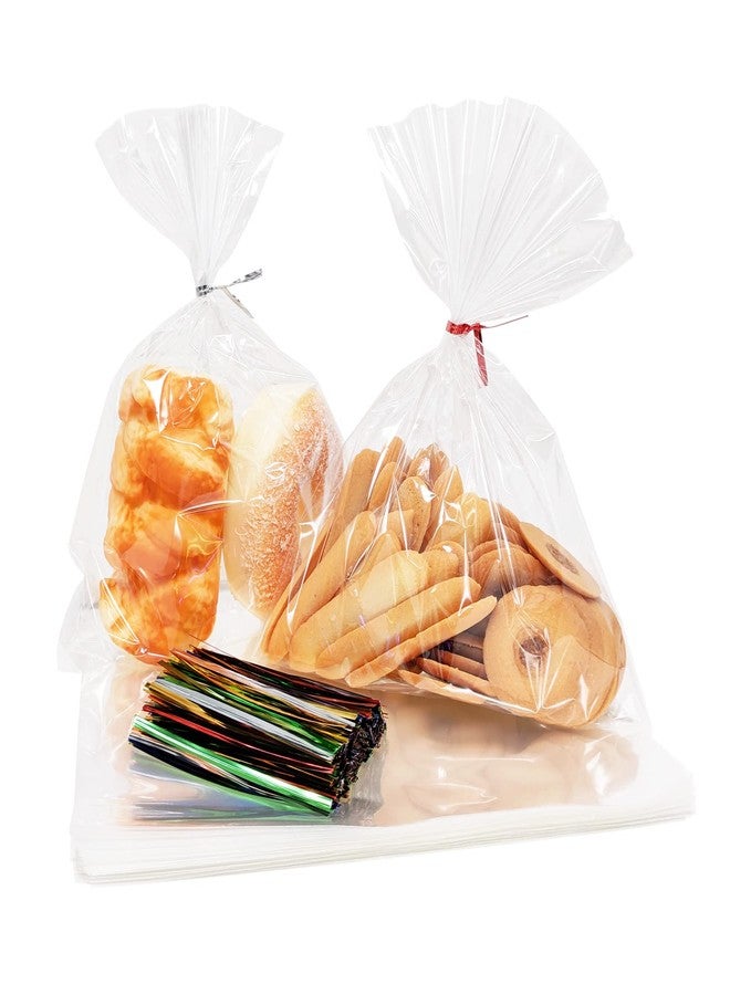 XLSFPY 100PCS Cellophane Bags 8x10 inches, Clear Treat Bags with 4’’ Twist Ties, Plastic Cello Bags - 1.4 mils Thick OPP Rice Crispy Bags for Gift Goodie Favor Candy Cake Pop Birthday Party Cookies (8’’ x 10’’) - Image 1